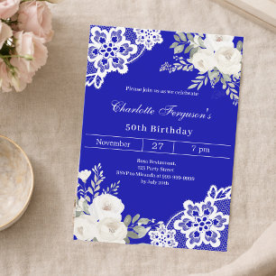 Royal blue white roses lace birthday invitation