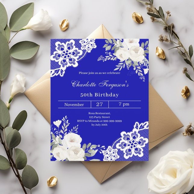 Royal blue white roses lace birthday invitation (Creator Uploaded)