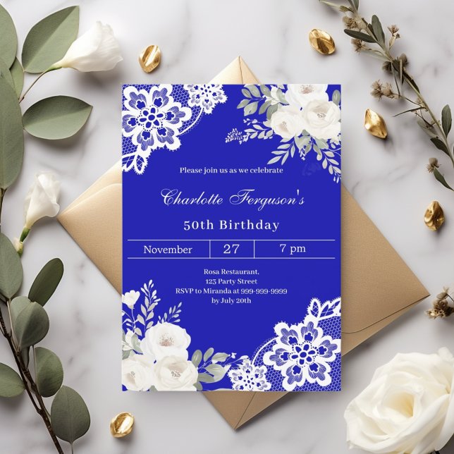 Royal blue white roses lace birthday invitation (Creator Uploaded)