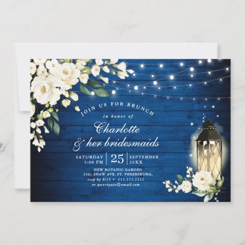 Royal Blue White Roses Lantern Bridesmaids Brunch Invitation