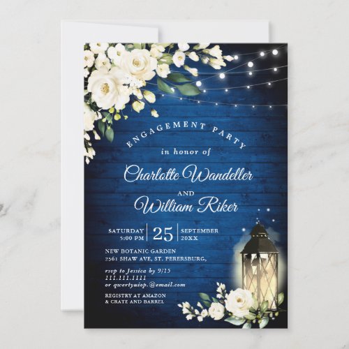 Royal Blue White Roses Lantern Engagement Party Invitation