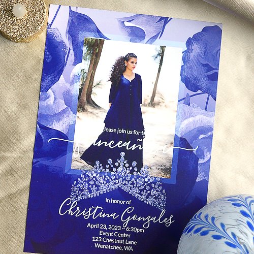 Royal Blue White Roses Topaz Tiara Quinceanera Invitation