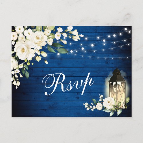 Royal Blue White Roses Wedding RSVP Meal Choice Postcard