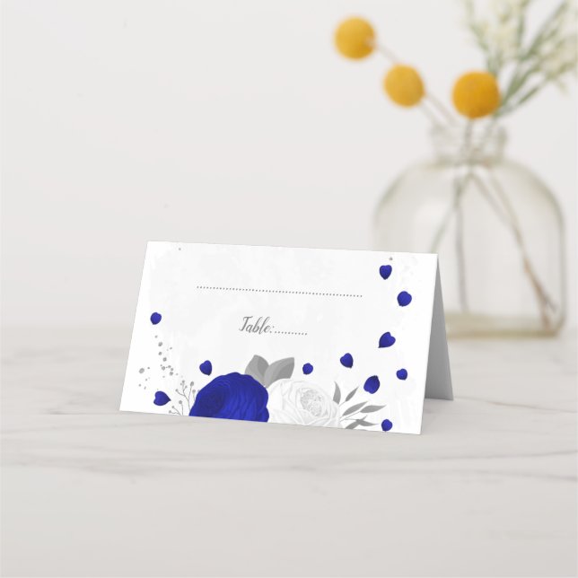 royal blue & white silver botanical wedding place card (Front)