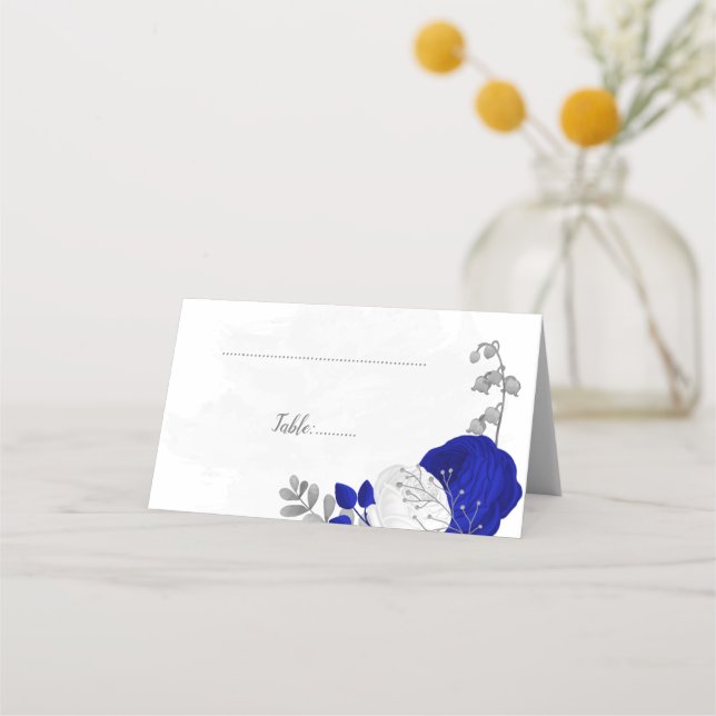 royal blue & white silver botanical wedding place  place card (Front)