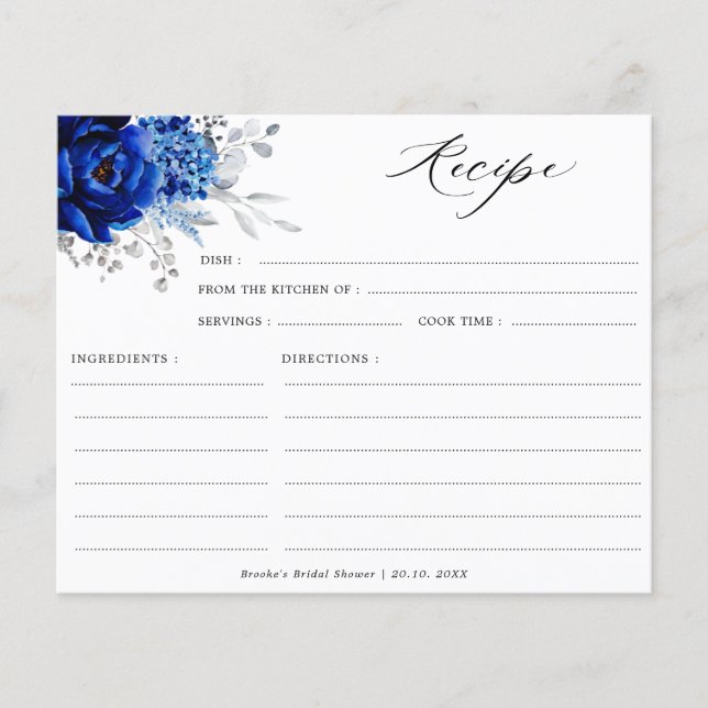 Royal Blue White Silver Bridal Shower Recipe (Front)