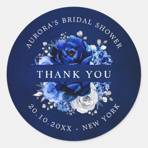 Royal Blue White Silver Bridal Shower Thank you Cl Classic Round Sticker