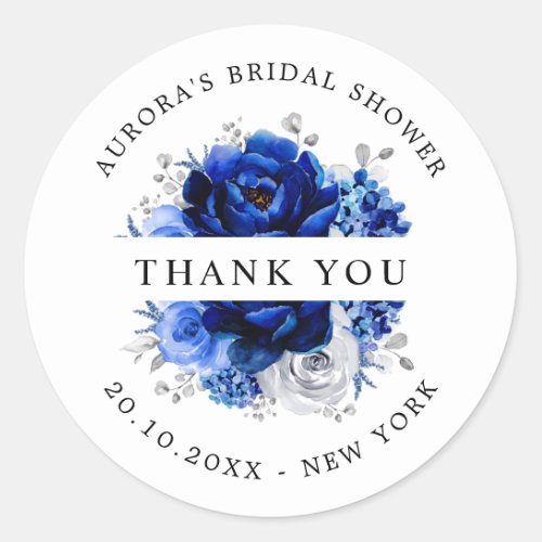 Royal Blue White Silver Bridal Shower Thank you Classic Round Sticker