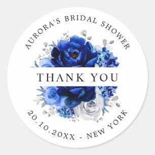 Royal Blue White Silver Bridal Shower Thank you Classic Round Sticker