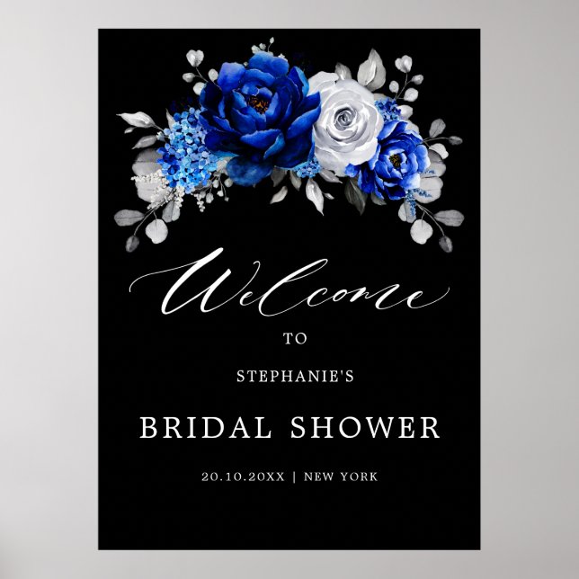 Royal Blue White Silver Bridal Shower Welcome Post Poster (Front)
