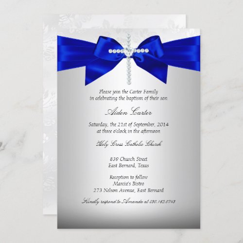 Royal Blue White Silver Cross Baptism Invitation