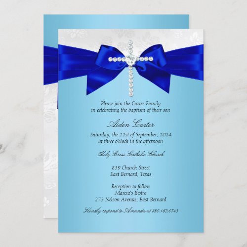 Royal Blue White Silver Cross Boys Baptism Invitation