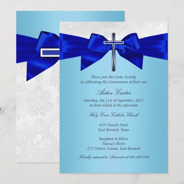 Royal Blue White Silver Cross Boys Communion Invitation (Front/Back)