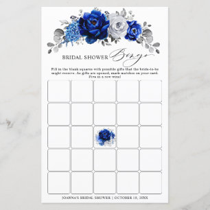 Royal Blue White Silver Floral Bridal Shower Bingo