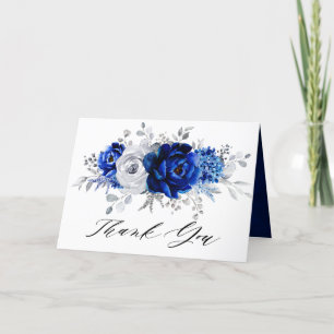 Royal Blue White Silver Floral Bridal Shower Letterpress Thank You Card
