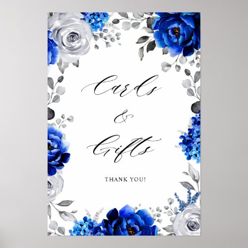 Royal Blue White Silver Floral Cards  Gifts Poste Poster