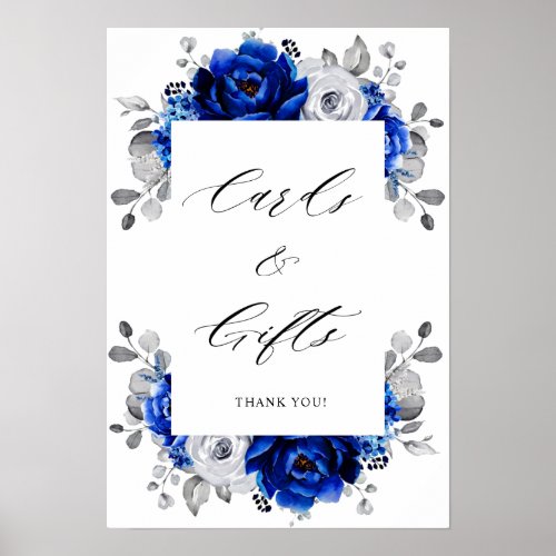 Royal Blue White Silver Floral Cards  Gifts Poster
