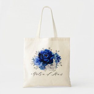 Royal Blue White Silver Floral Matron of Honor Tote Bag