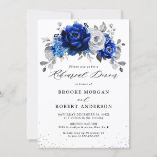 Royal Blue White Silver Floral Rehearsal Dinner Invitation