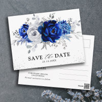 Royal Blue White Silver Floral Save the Date
