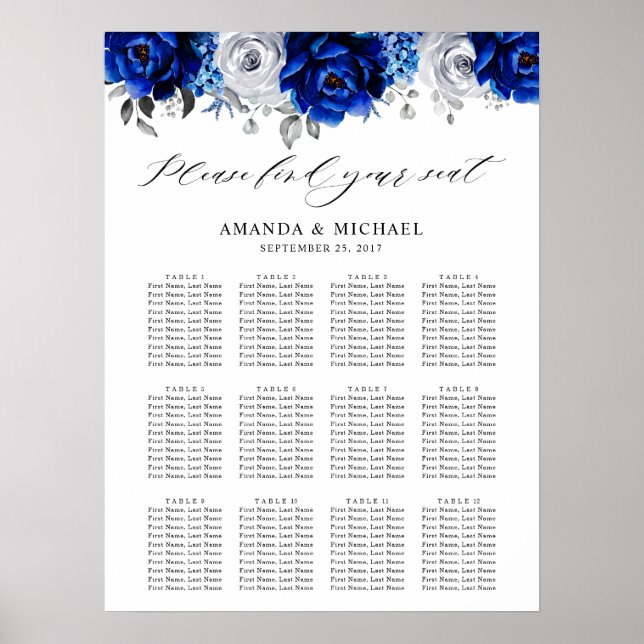 Royal Blue White Silver Floral Seating chart (Front)