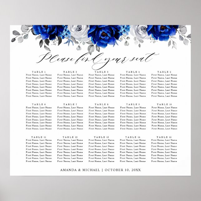 Royal Blue White Silver Floral Seating chart (Front)