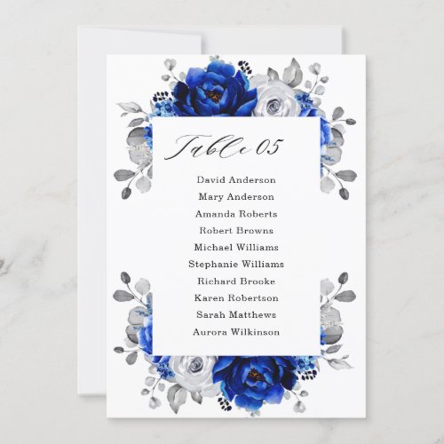 Royal Blue White Silver Floral Seating Chart Card