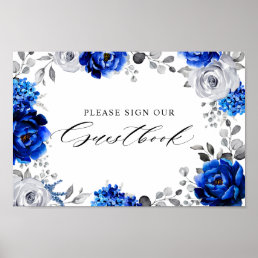 Royal Blue White Silver Floral Sign our Guestbook 