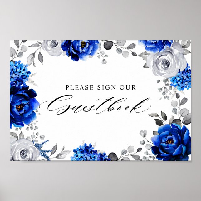 Royal Blue White Silver Floral Sign our Guestbook  (Front)