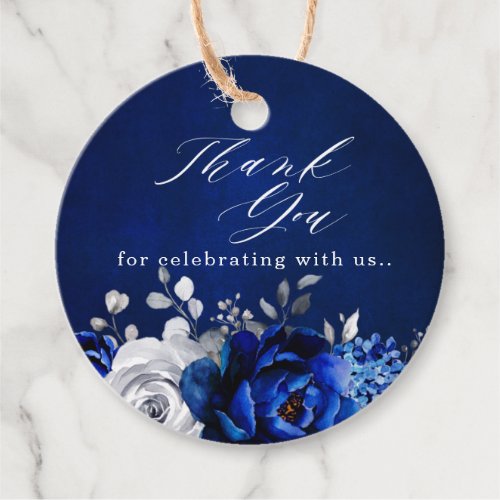 Royal Blue White Silver Floral Thank you Favor Tag