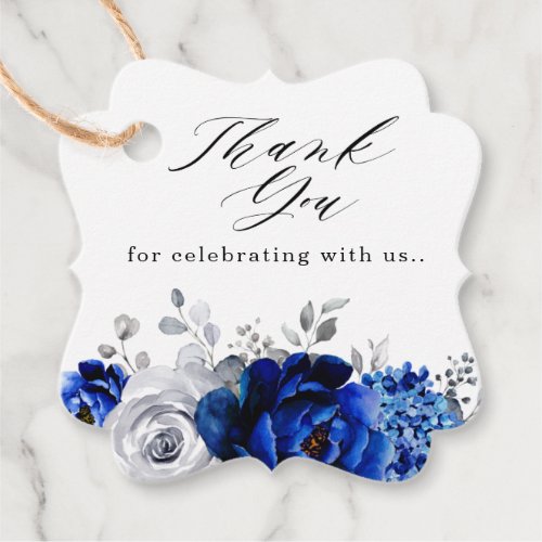 Royal Blue White Silver Floral Thank you Favor Tags