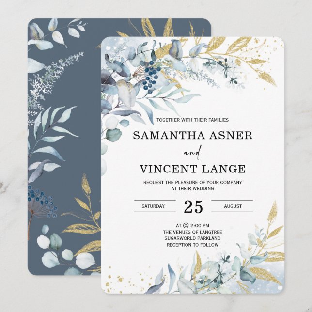 Royal Blue White Silver Floral Wedding Invitation (Front/Back)