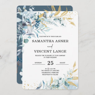 Royal Blue White Silver Floral Wedding Invitation