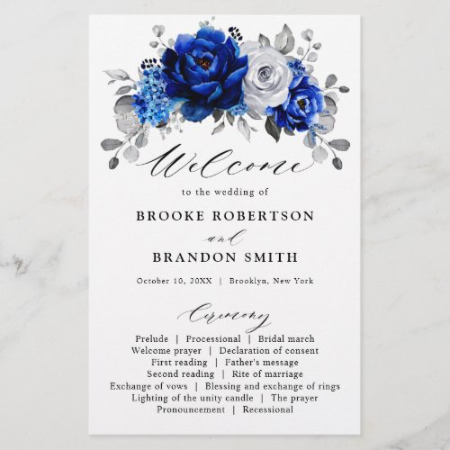 Royal Blue White Silver Floral Wedding Program