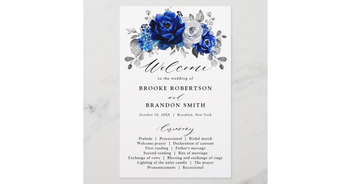 Royal Blue White Silver Floral Wedding Program | Zazzle