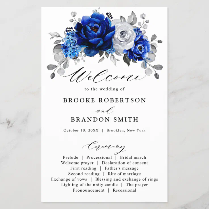 Royal Blue White Silver Floral Wedding Program | Zazzle