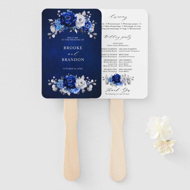 Royal Blue White Silver Floral Wedding Program Hand Fan (Front and Back)