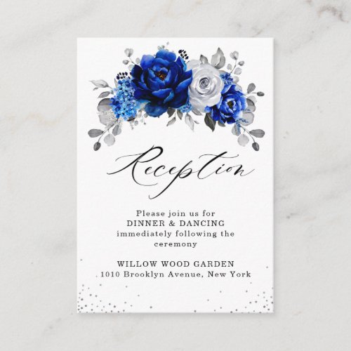 Royal Blue White Silver Floral Wedding Reception Enclosure Card