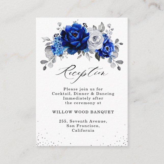 Royal Blue White Silver Floral Wedding Reception Enclosure Card (Front)