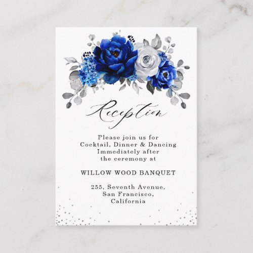 Royal Blue White Silver Floral Wedding Reception Enclosure Card