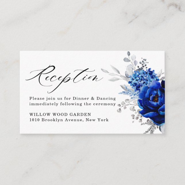 Royal Blue White Silver Floral Wedding Reception Enclosure Card (Front)