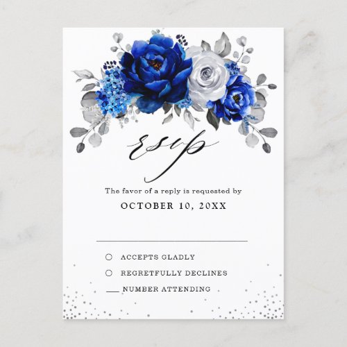 Royal Blue White Silver Floral Wedding RSVP Postcard