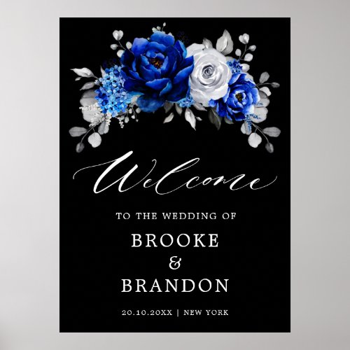 Royal Blue White Silver Floral Wedding Welcome Pos Poster