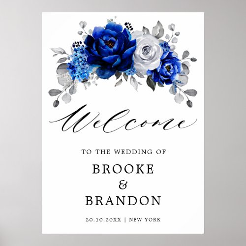 Royal Blue White Silver Floral Wedding Welcome Poster
