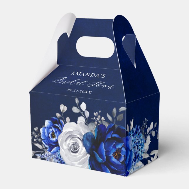 Royal Blue White Silver Metallic Bridal Shower Fav Favor Boxes (Back Side)