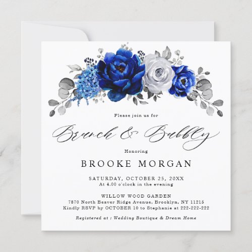 Royal Blue White Silver Metallic Brunch and Bubbly Invitation