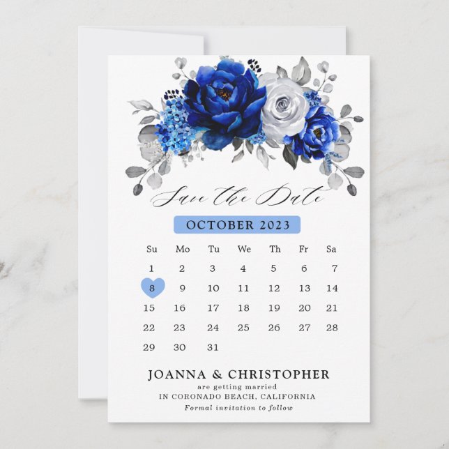 Royal Blue White Silver Metallic Floral calendar S Save The Date (Front)
