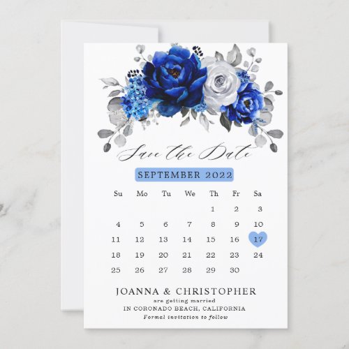 Royal Blue White Silver Metallic Floral calendar S Save The Date