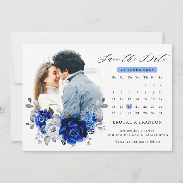 Royal Blue White Silver Metallic Floral calendar Save The Date (Front)