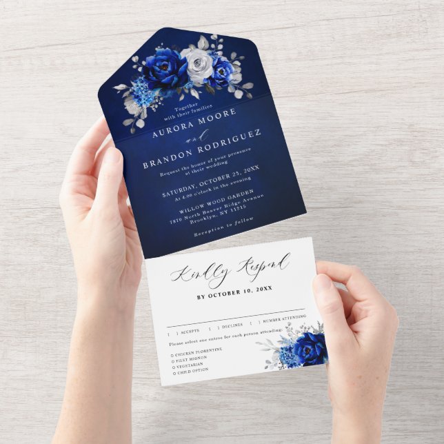 Royal Blue White Silver Metallic Floral Wedding Al All In One Invitation (Tearaway)